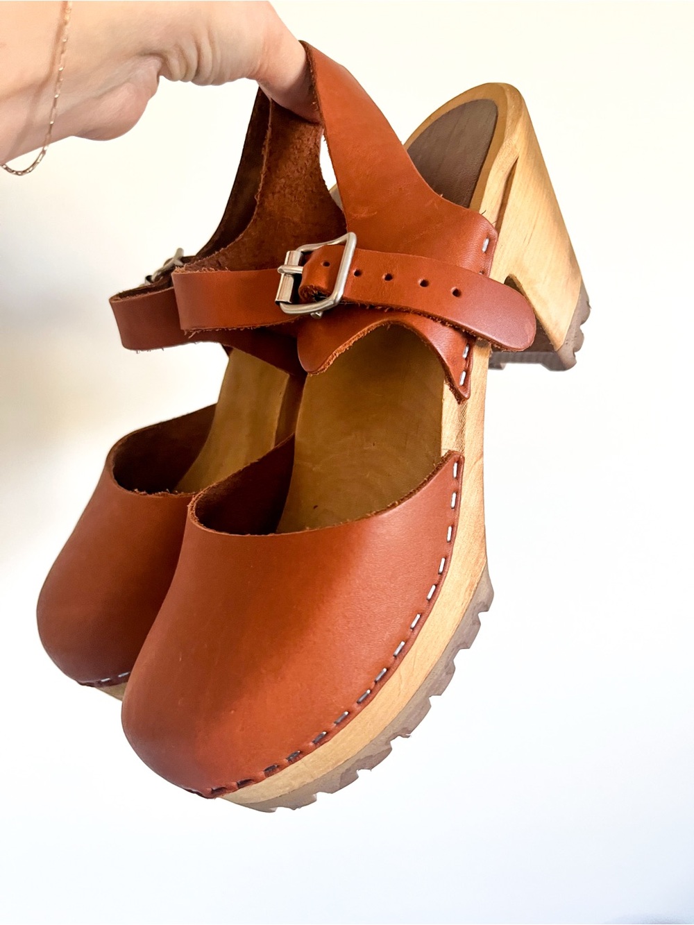 MIA Cognac Leather Mary Jane Clogs with Wooden Platform